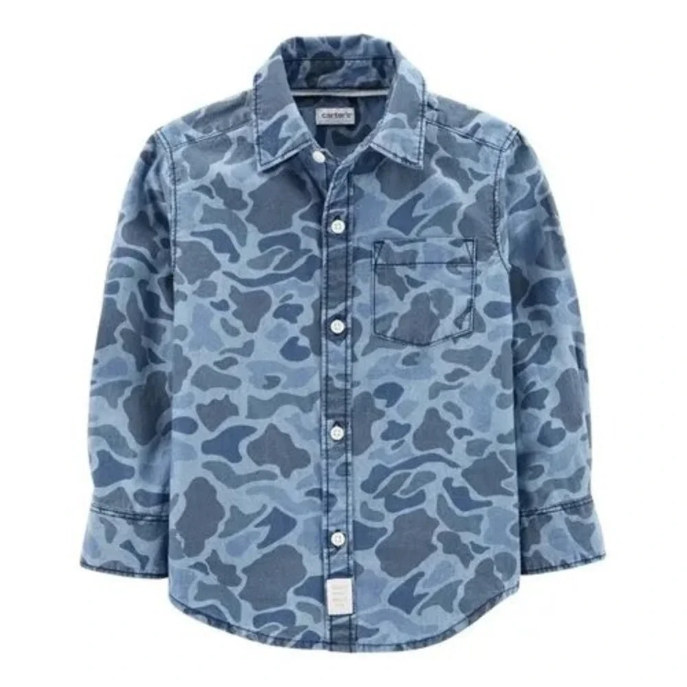 (S2) Carters Toddler Boys Blue Camo Camouflage‎ Long Sleeve Button Down Shirt 2T